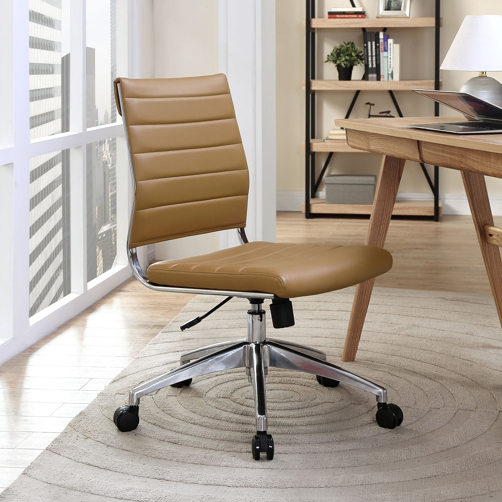 Ribbed Armless Mid Back Swivel Conference Chair In Tan