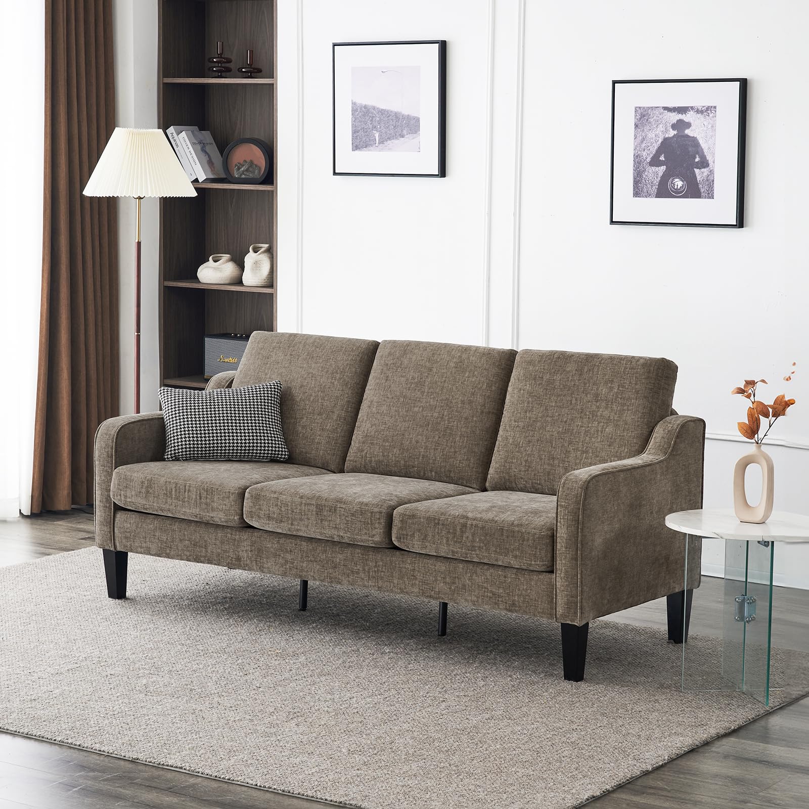 Brown 71" Small Sofa Mid Century Modern Couches 3 Seater Comfy Couch Upholstered Soft Chenille Floor Couch for Bedroom, Apartment, Office