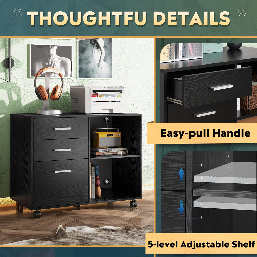 Wood File Cabinet, 3 Drawer Lateral Filing Cabinet Black