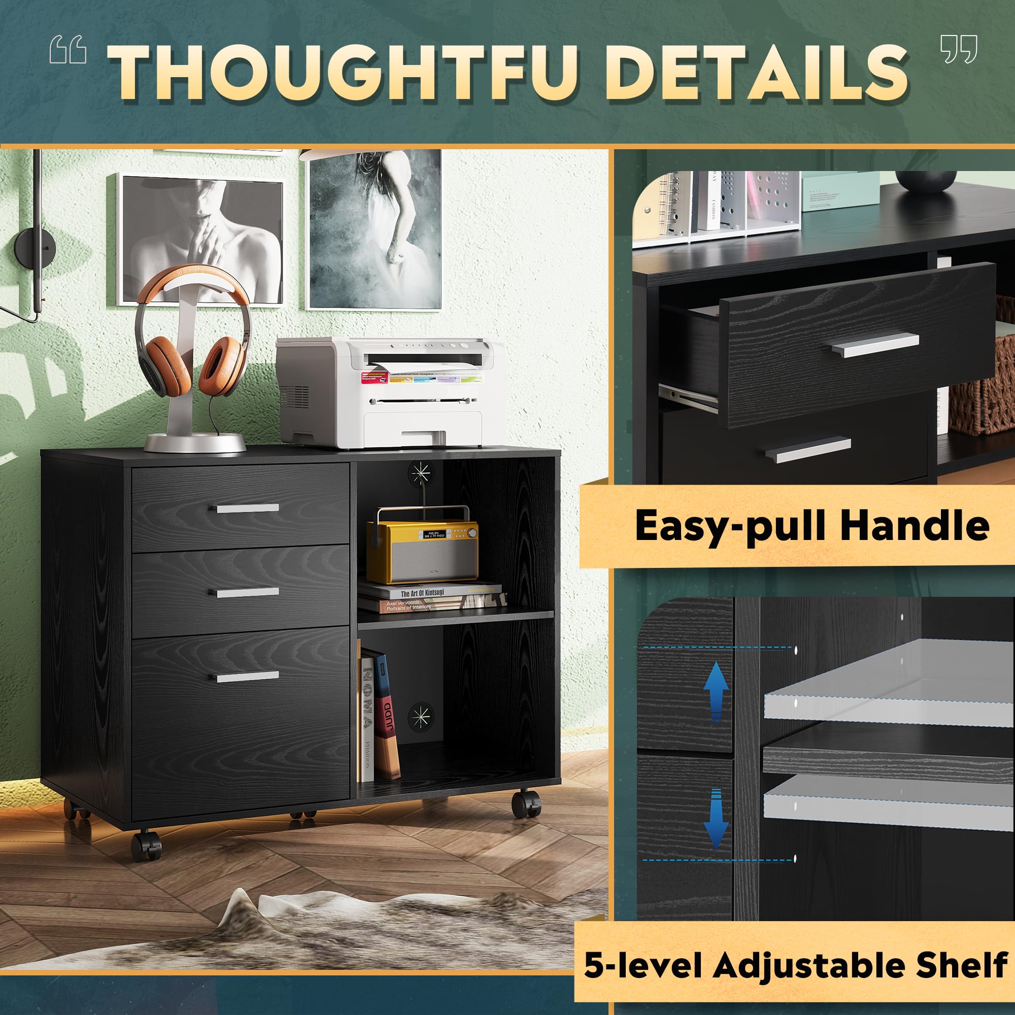 Wood File Cabinet, 3 Drawer Lateral Filing Cabinet Black