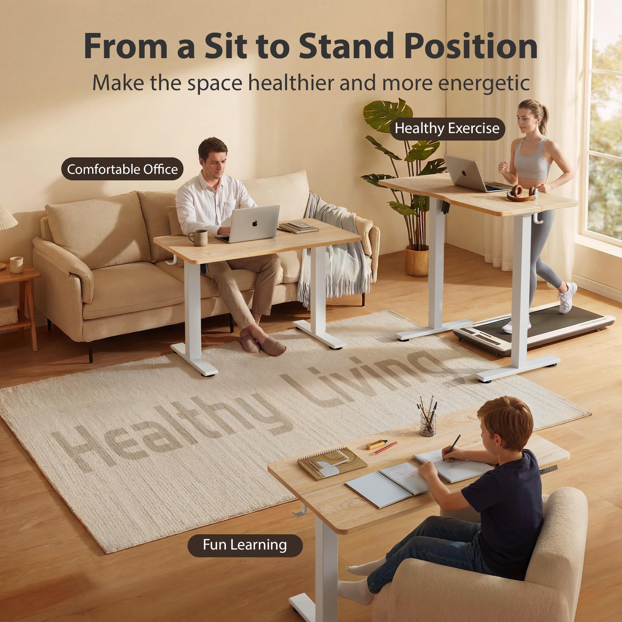 Standing Desk, 55x24 Inches Sit Stand Home Office Desk, Electric Stand up Desk, Adjustable Desk with Splice Board, White Frame/Maple Top