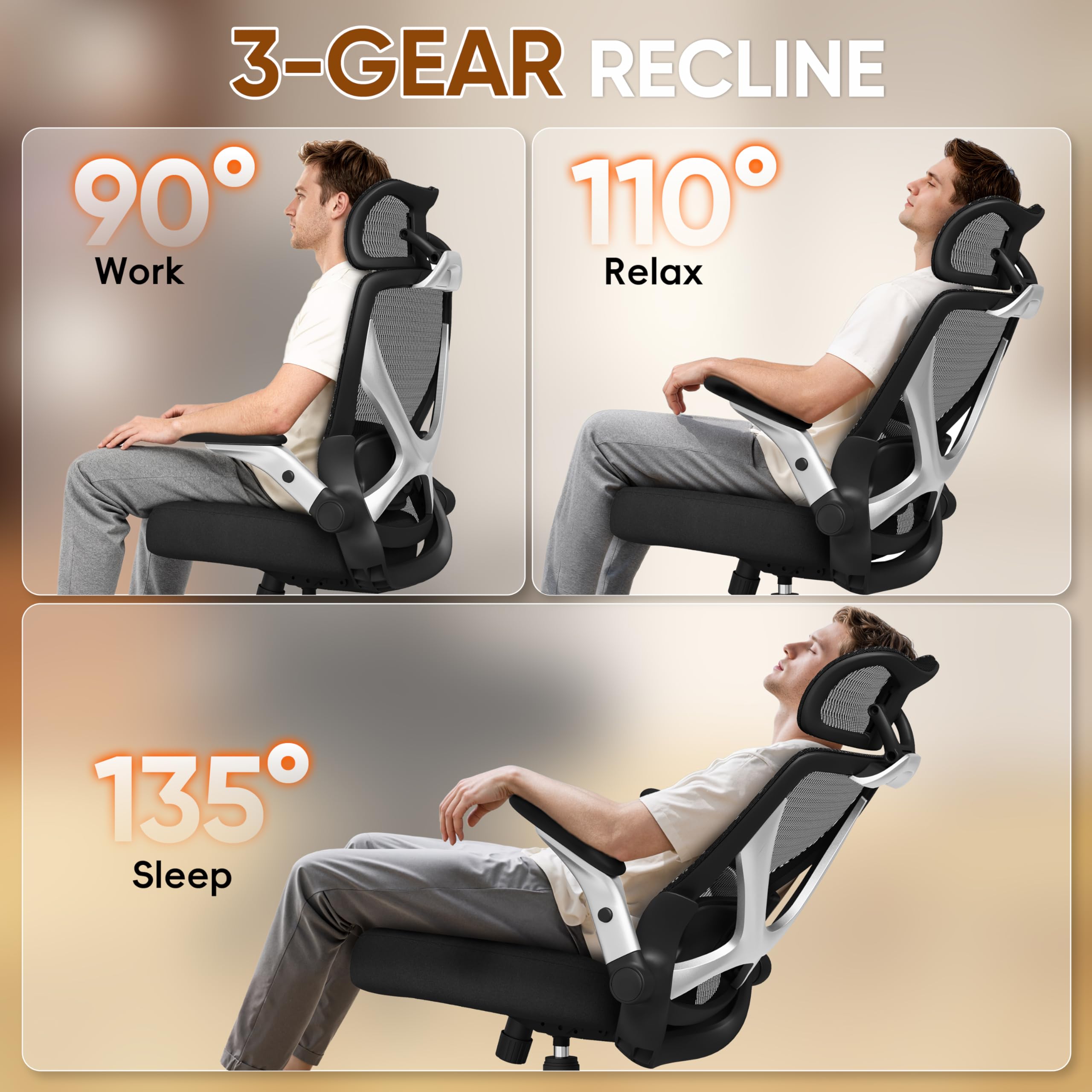 Ergonomic Office Chair, Big and Tall Mesh Chair with Adjustable Lumbar Support, 5D Arms & Wide Seat, 135° Recline Home Desk Computer Chairs for Work Gaming, Heavy Duty,400LBS - Black