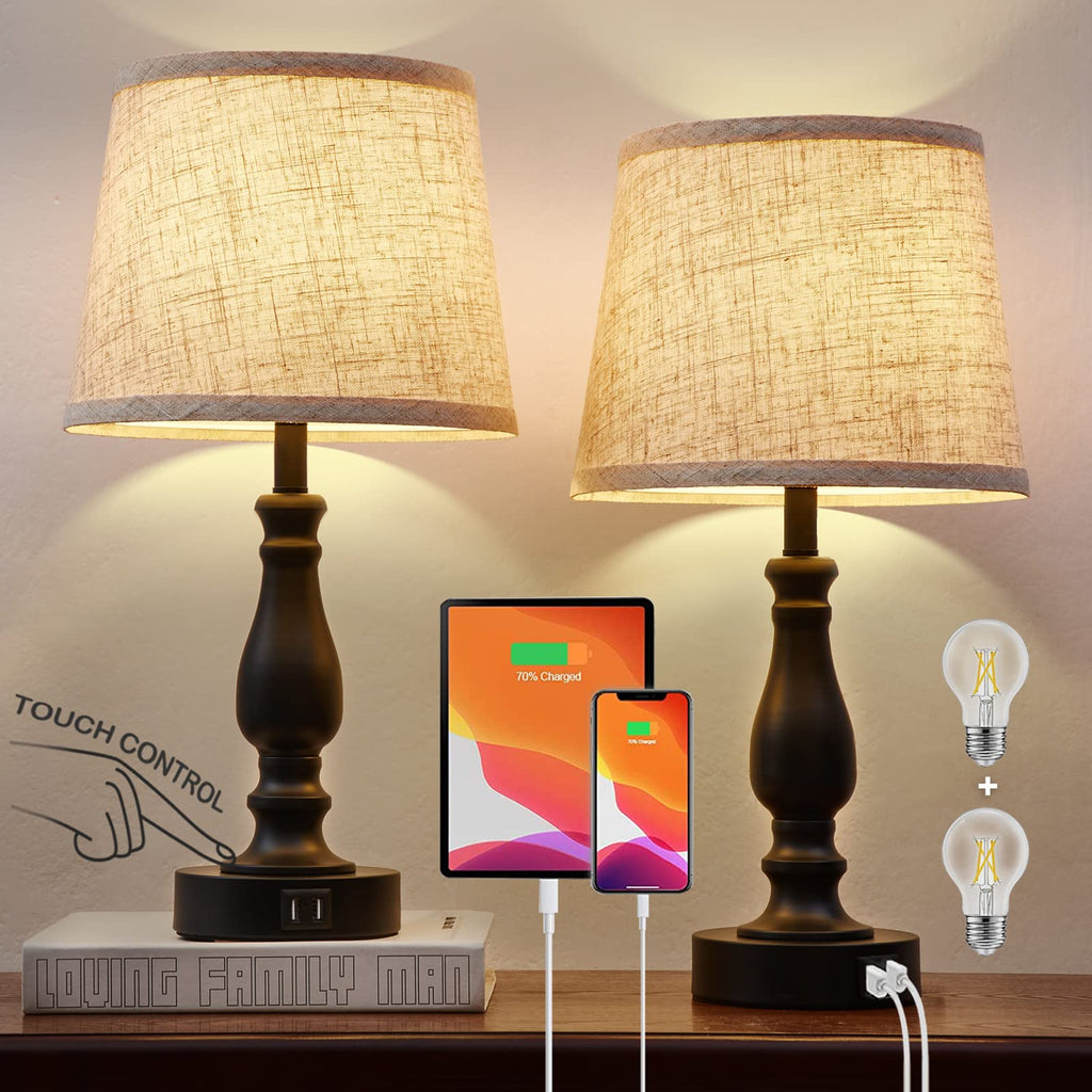 Table Lamps Set of 2, Bedside Nightstand Lamps with USB Charging Ports,Dimmable Touch with Linen Fabric Lampshade, Modern Small Lamp for Bedrooms, Living Room (Bulbs Included)