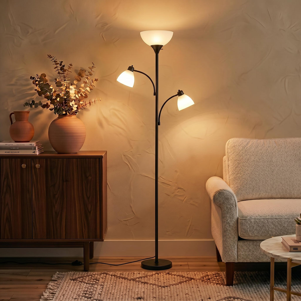 Sky Dome Double LED Floor Lamp, Torchiere Super Bright Floor Lamp with 2 Reading Lamps for Living Rooms & Offices - Dimmable Tall Standing Lamp for Bedroom Reading - Tall Black Pole