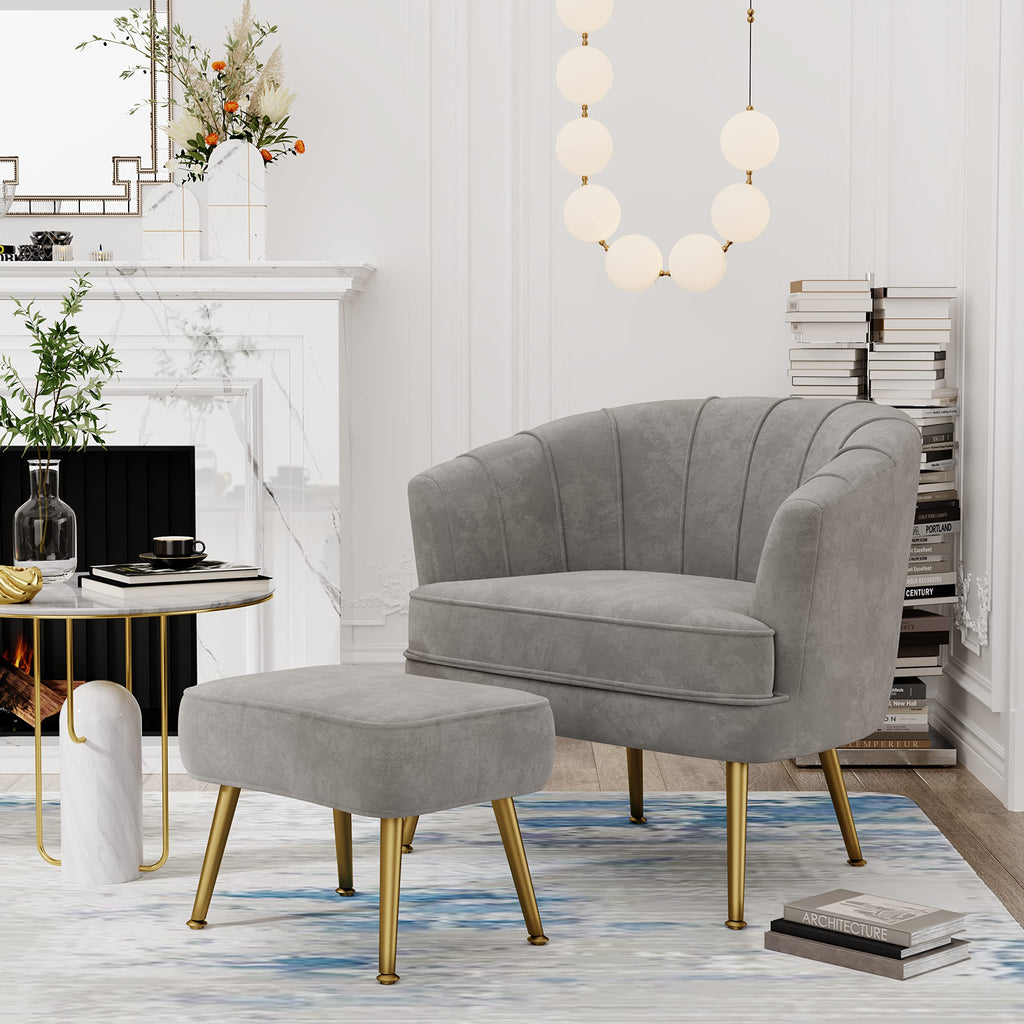 Velvet Accent Chair with Ottoman, Upholstered Modern Single Sofa Side Chair,Comfy Barrel Club Living Room Armchair with Golden Metal Legs for Bedroom Office Living Reading Room , Grey