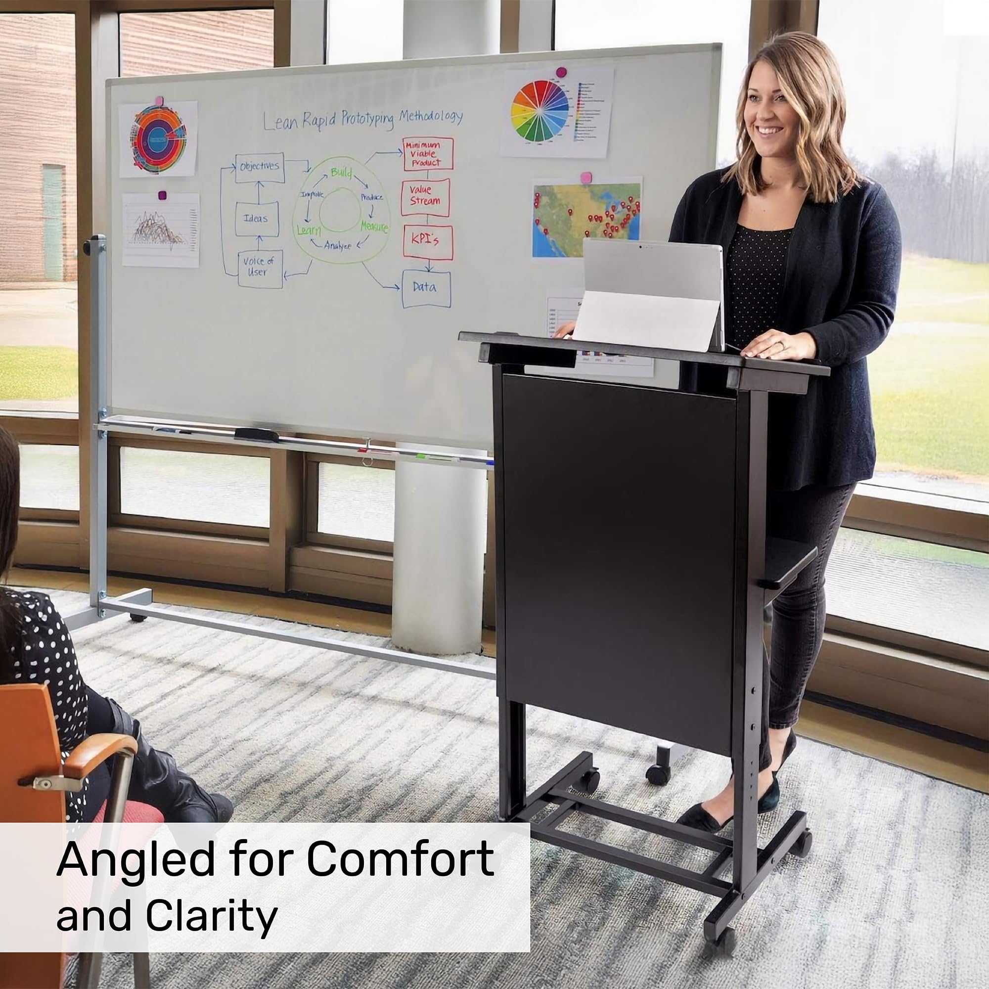 Desk Store Mobile Adjustable Height Rolling Lectern Podium with Heavy Duty Steel Frame (Black Frame/Black Shelves, 25.5" Wide)