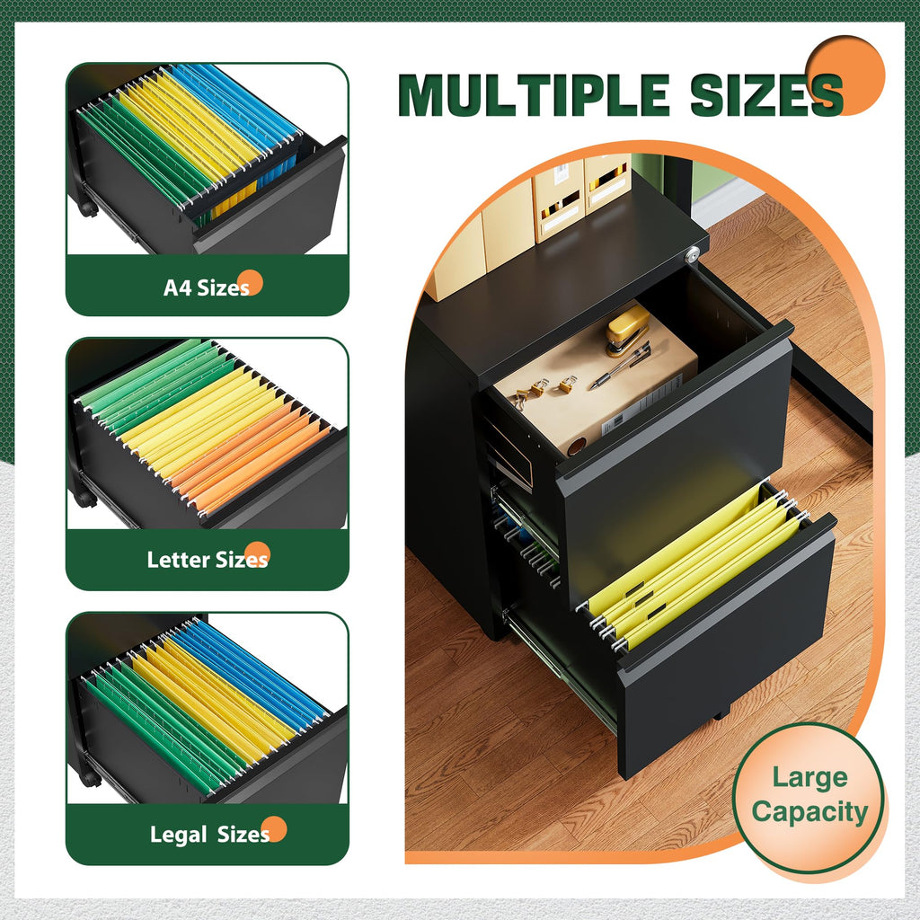 Mobile File Cabinet with Lock,2 Drawer Under Desk Metal Rolling Filing Cabinets for Home Office Organizer Letters/Legal/A4(Fully Assembled-Black)