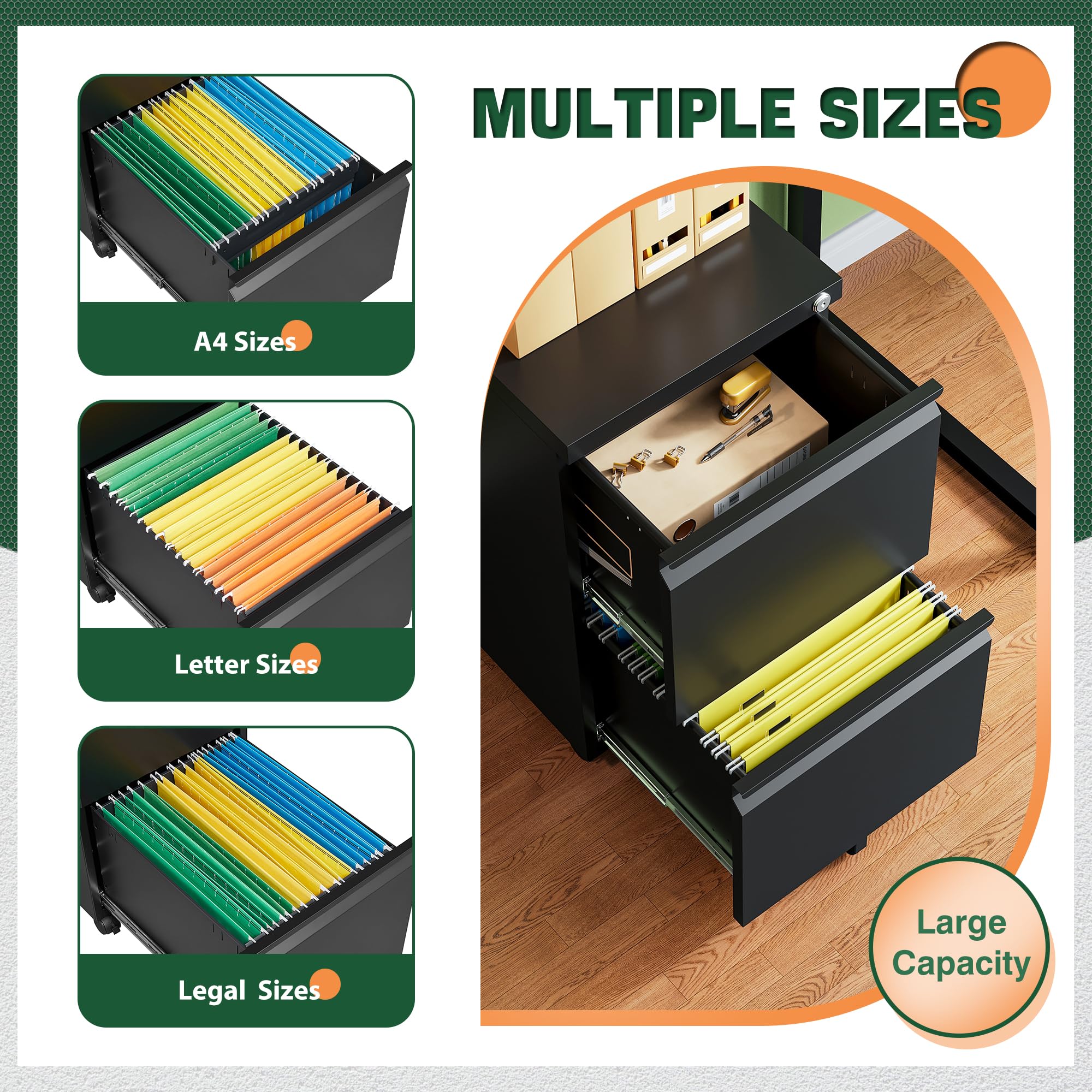 Mobile File Cabinet with Lock,2 Drawer Under Desk Metal Rolling Filing Cabinets for Home Office Organizer Letters/Legal/A4(Fully Assembled-Black)