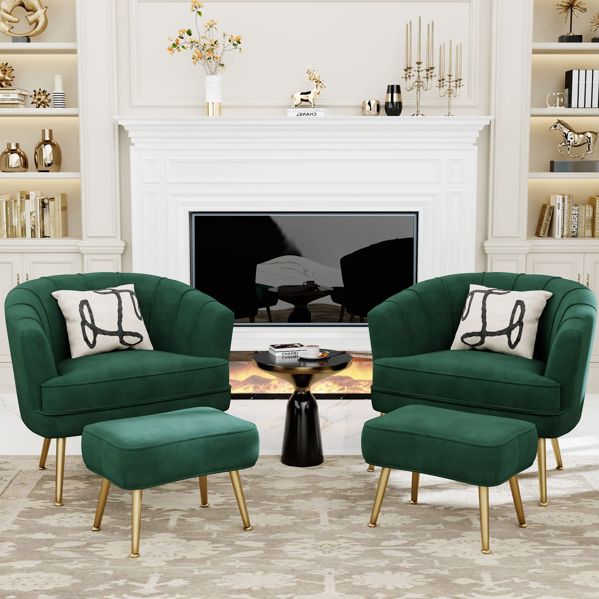 Velvet Accent Chair with Ottoman, Upholstered Modern Single Sofa Side Chair,Comfy Barrel Club Living Room Armchair with Golden Metal Legs for Office Bedroom Living Reading Room, Green