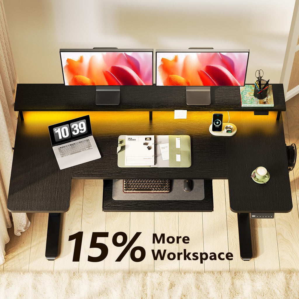 U Shaped Electric Standing Desk with Keyboard Tray, 55 Inch Height Adjustable Desk with Power Outlets & LED Lights, Sit Stand Table with Monitor Stand for Home, Office, Black