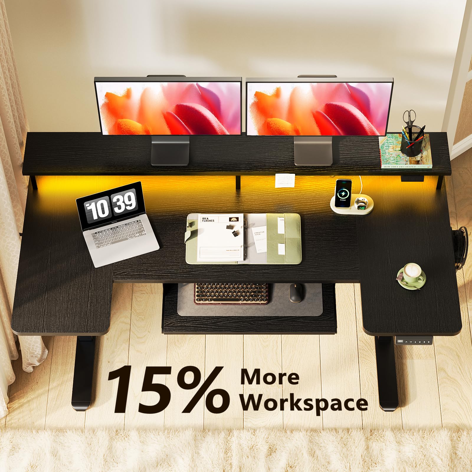 U Shaped Electric Standing Desk with Keyboard Tray, 55 Inch Height Adjustable Desk with Power Outlets & LED Lights, Sit Stand Table with Monitor Stand for Home, Office, Black