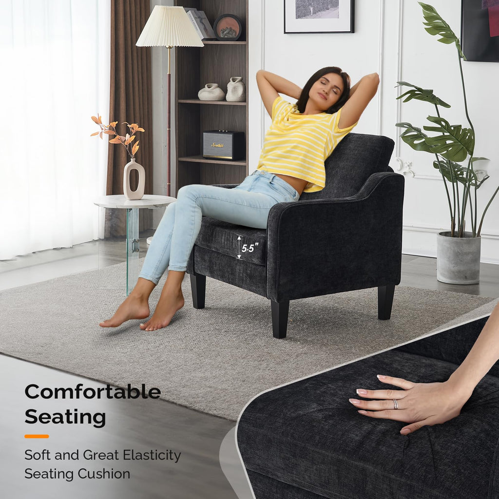 Mid-Century Modern Accent Chair, Black Chenille, 30" (W) x 30.7" (D) x 33" (H), 1 Seat, 380 lbs Weight Capacity