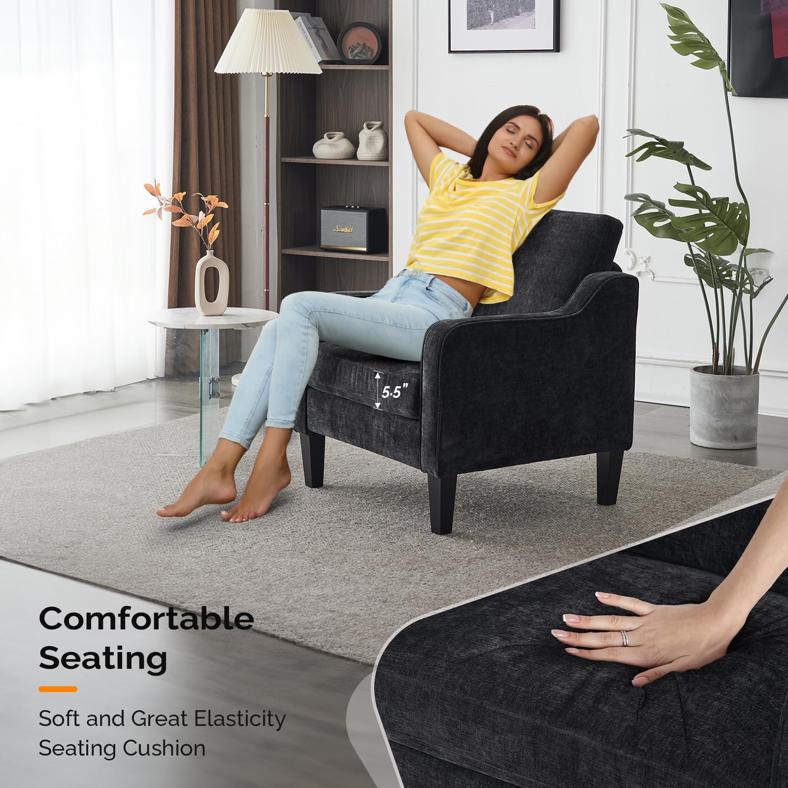 Mid-Century Modern Accent Chair, Black Chenille, 30" (W) x 30.7" (D) x 33" (H), 1 Seat, 380 lbs Weight Capacity