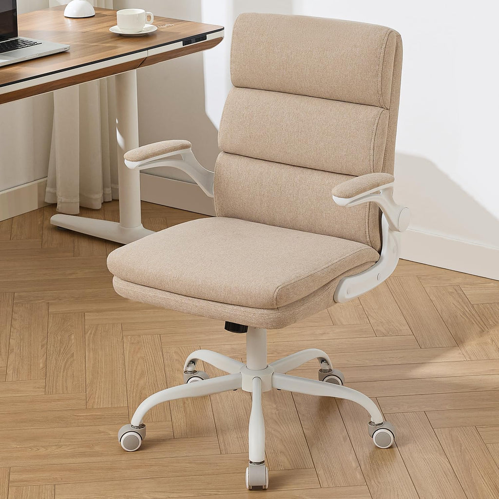 Office Chair Adjustable Desk Chair Mid Back Executive Comfortable Fabric Ergonomic Back Support Home Computer Chair with Padded Flip-up Armrest Swivel Wheels (Beige)