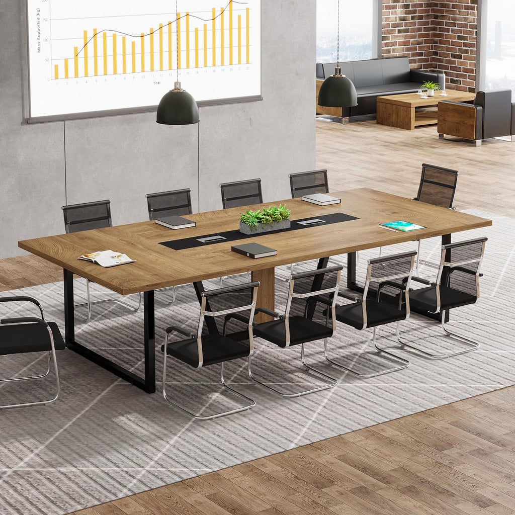 8FT Conference Table, 94.49 L x 47.24 W x 29.53 H Inches Large Meeting Podcast Table for 10 People, Business Style Wooden Training Table with Strong Metal Frame for Office Conference