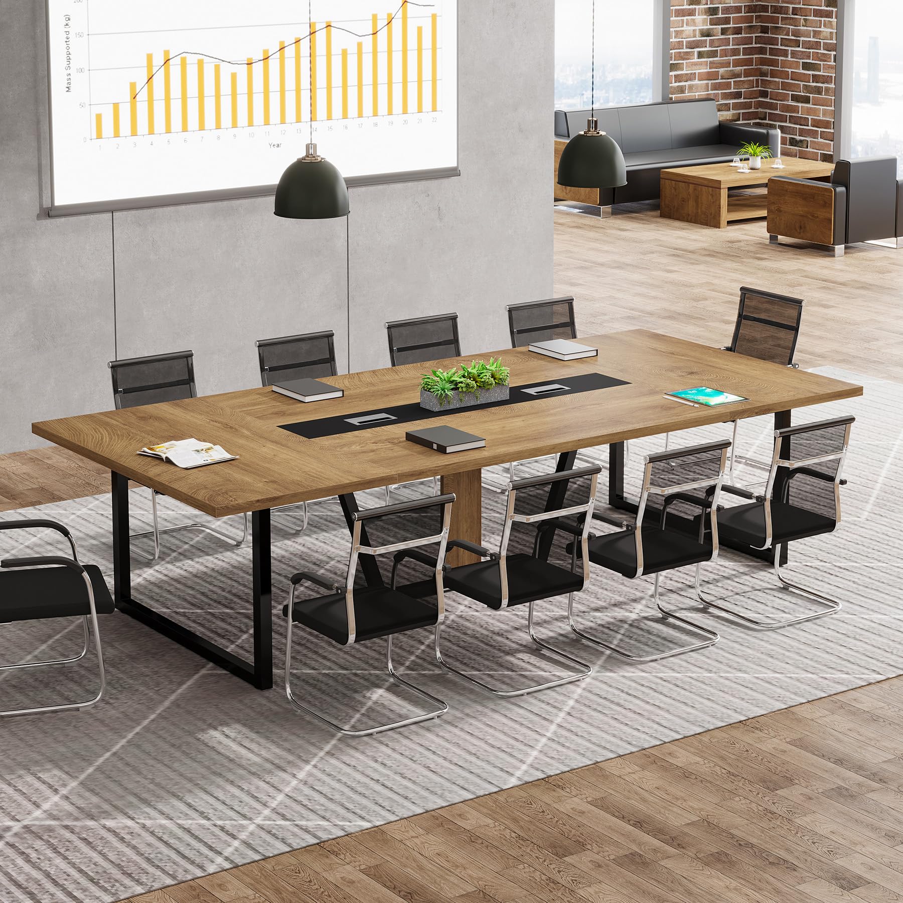 8FT Conference Table, 94.49 L x 47.24 W x 29.53 H Inches Large Meeting Podcast Table for 10 People, Business Style Wooden Training Table with Strong Metal Frame for Office Conference
