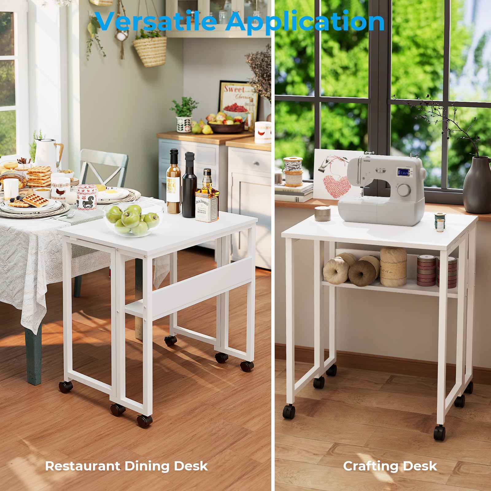 Folding Desk with Wheels, 31.5 Inch Compact Rolling Computer Table with Storage Shelf, Portable Mobile Workstation for Small Spaces, Easy Assembly, Pure White