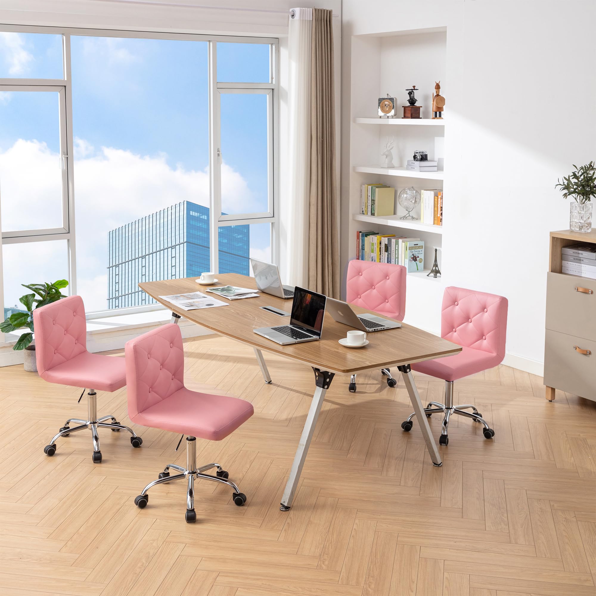 PU Leather Mid-Back Armless Vanity Chair Adjustable Height 360° Rolling Swivel for Office Work