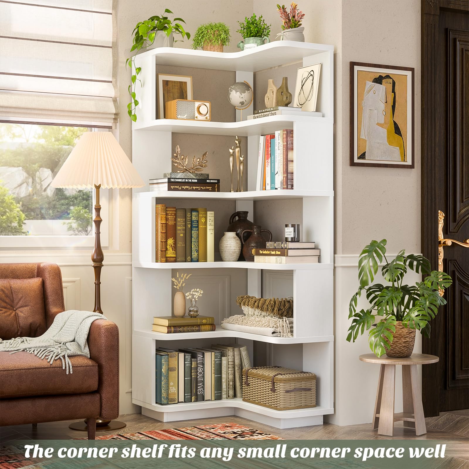 Corner Book Shelf, 6-Shelf L Shaped Corner Bookshelf with Baffle