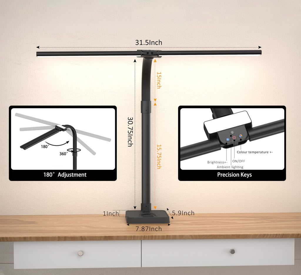 Double Head LED Desk Lamp, Architect Desk Lamps for Office, 24W Brightest Workbench Office Lighting-5 Color Modes and 5 Dimmable Eye Protection Modern Desk Lamp (Black-Desktop, Big)