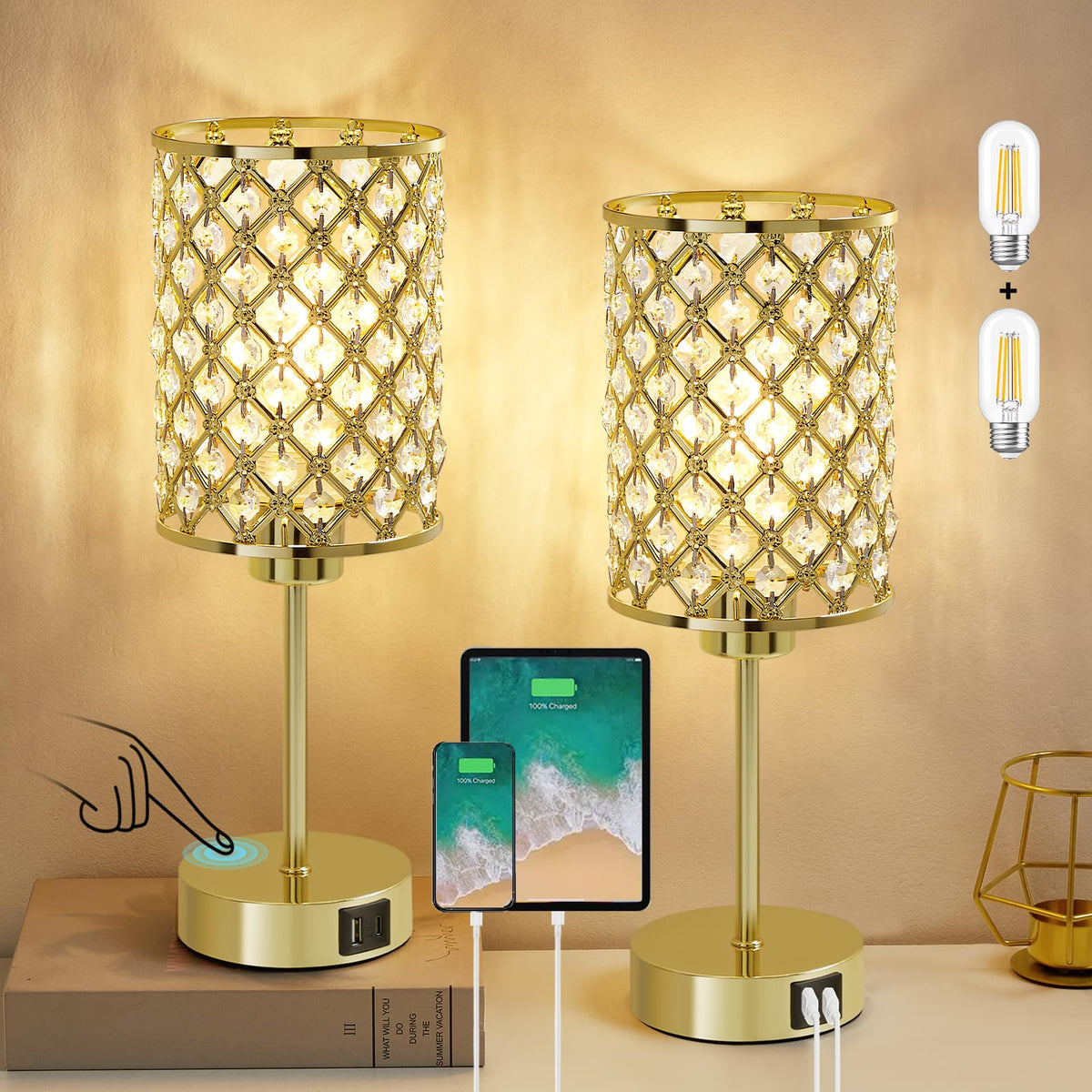 Gold Crystal Bedside Table Lamps Set of 2 with USB C+A Ports