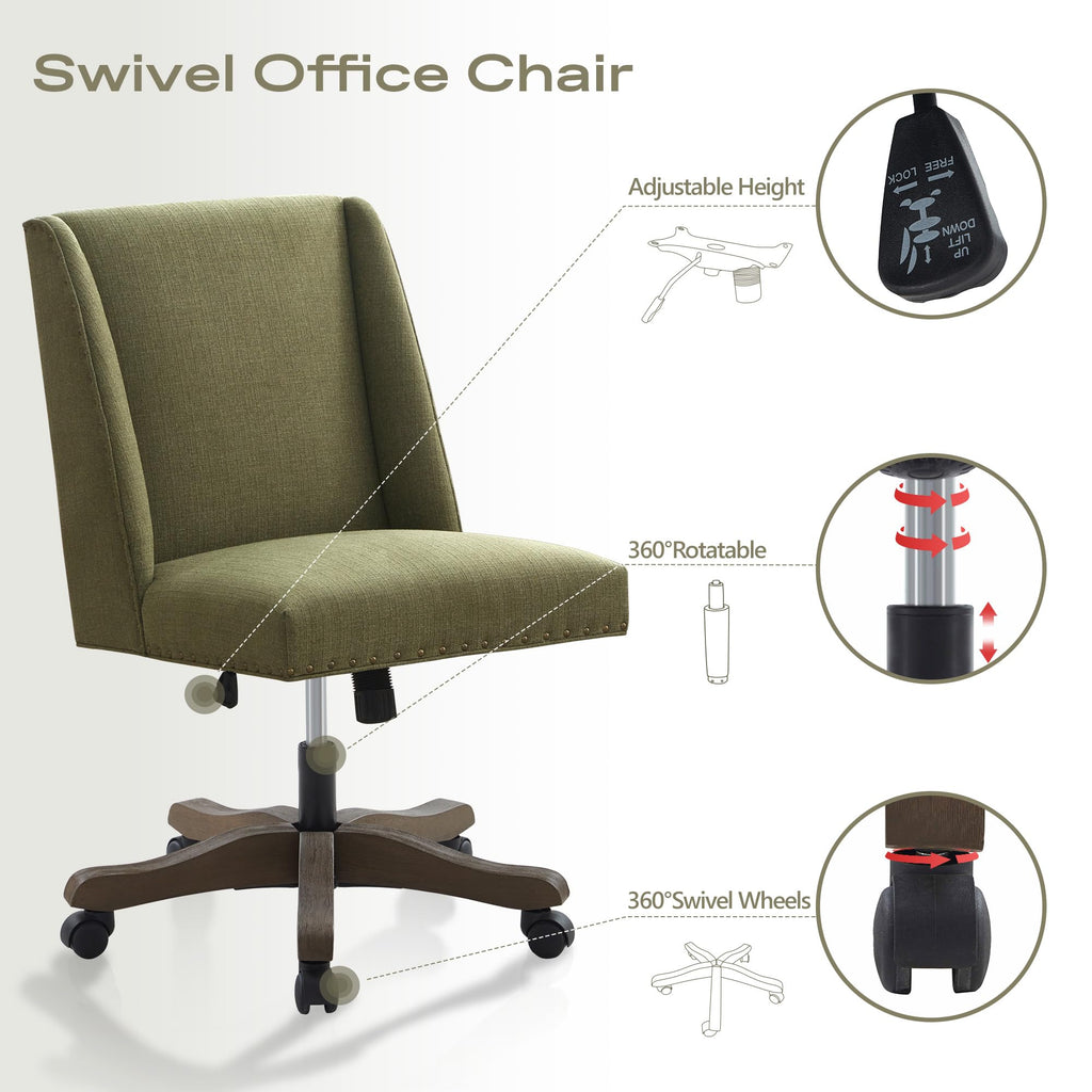 Upholstered Armless Office Chair with Wooden Legs, Modern Adjustable Home Office Desk Chair Computer Chair Swivel Chair for Home Office Study Studio (Green)