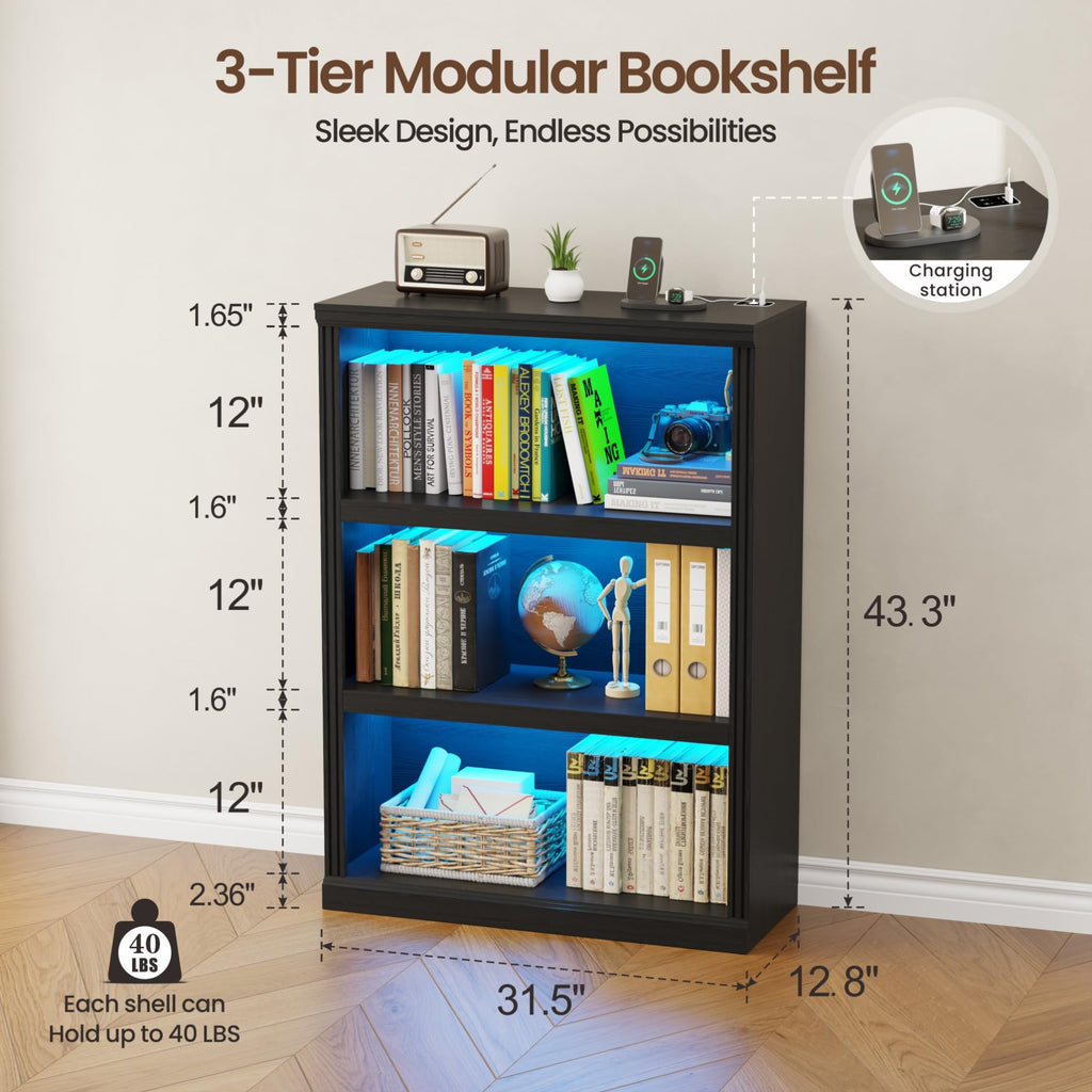 Modular LED Bookshelf with 3 Tiers, Motion Sensor and USB Charging - Black