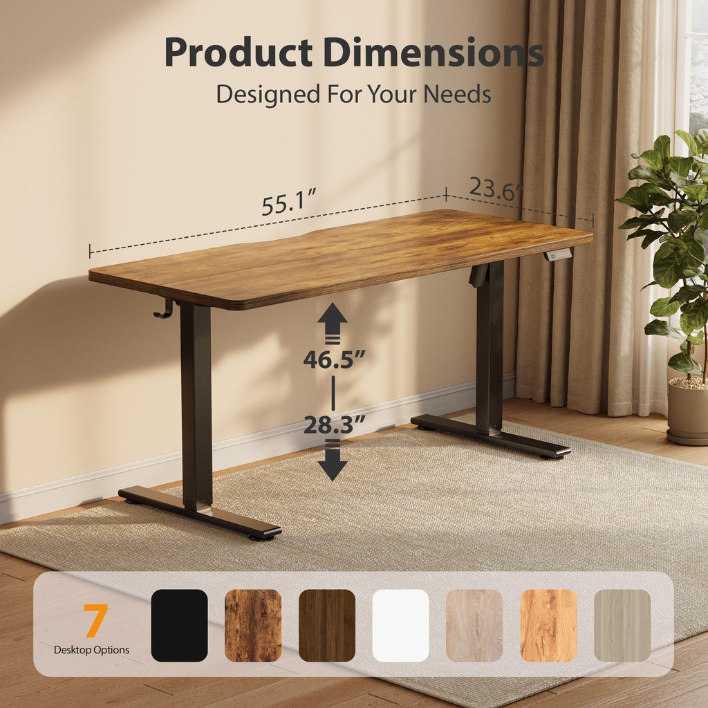 Standing Desk, 55x24 Inches Sit Stand Home Office Desk, Electric Stand up Desk, Adjustable Desk with Splice Board, Black Frame/Rustic Brown Top