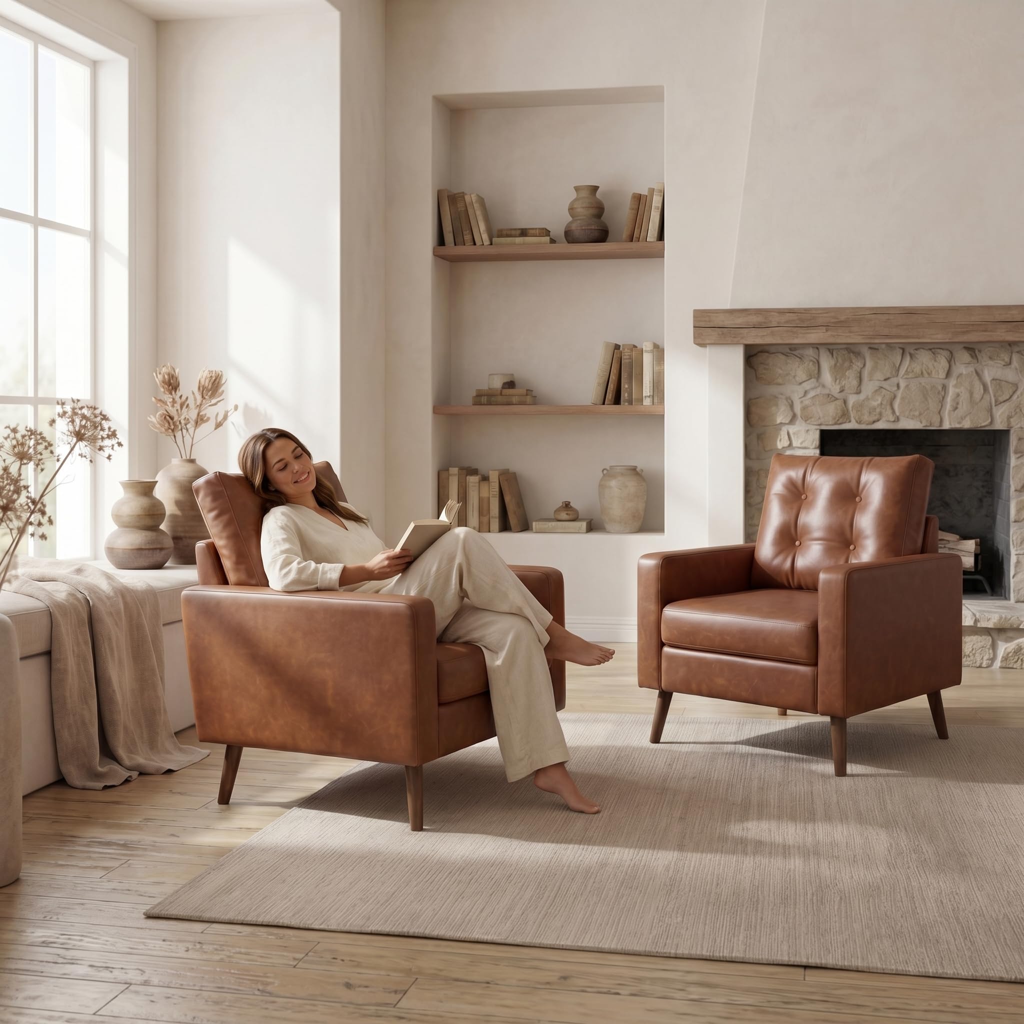 Set of 2 Mid Century Modern Armchair, Button Tufted Faux Leather Accent Chair with Arm, Upholstered Club Chair for Office, Living Room, Bedroom, Rubber Wood Legs, Caramel