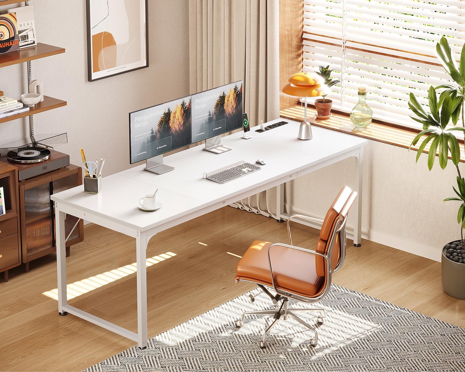 71 Inch Computer Desk with USB Ports, Large Office Desk, Long Study Student Writing Desk, White
