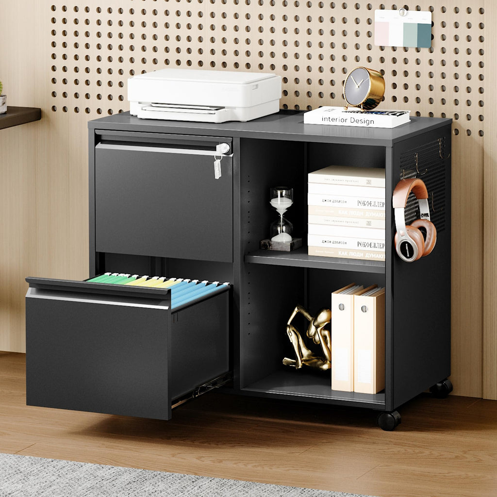 Mobile File Cabinet with Side Hook, 2 Drawer Lateral File Cabinet with Lock fits A4/Letters/Legal Size for Home Office,Metal Rolling Printer Stand with Open Storage Adjustable Shelves(Black)