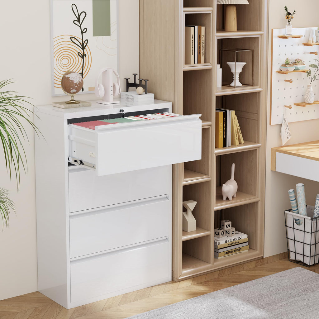 4 Drawer File Cabinet, White Lateral File Cabinet with Lock, 28" W Metal Office Filing Cabinet with Adjustable Frame for Legal, Letter, A4 Files