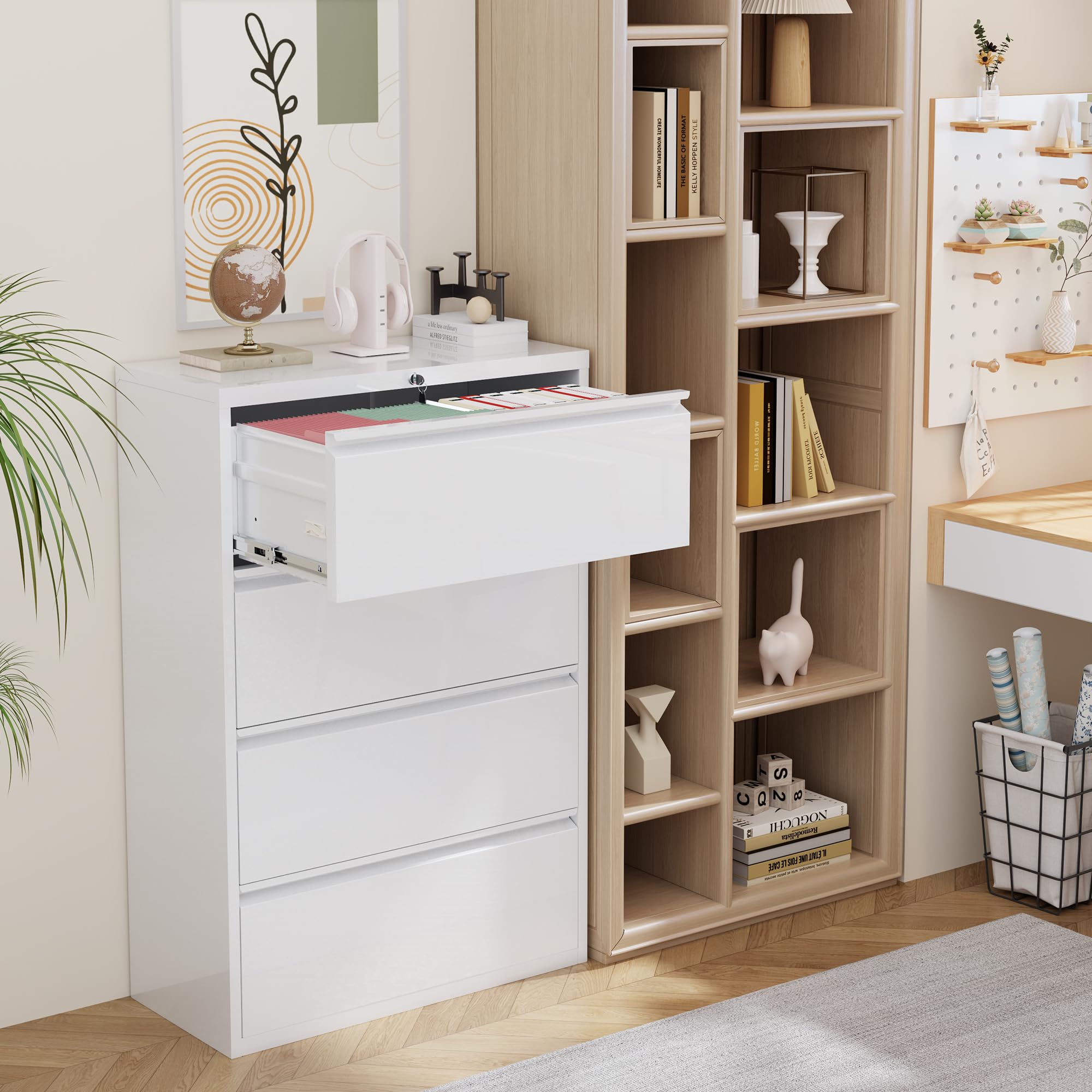 4 Drawer File Cabinet, White Lateral File Cabinet with Lock, 28" W Metal Office Filing Cabinet with Adjustable Frame for Legal, Letter, A4 Files