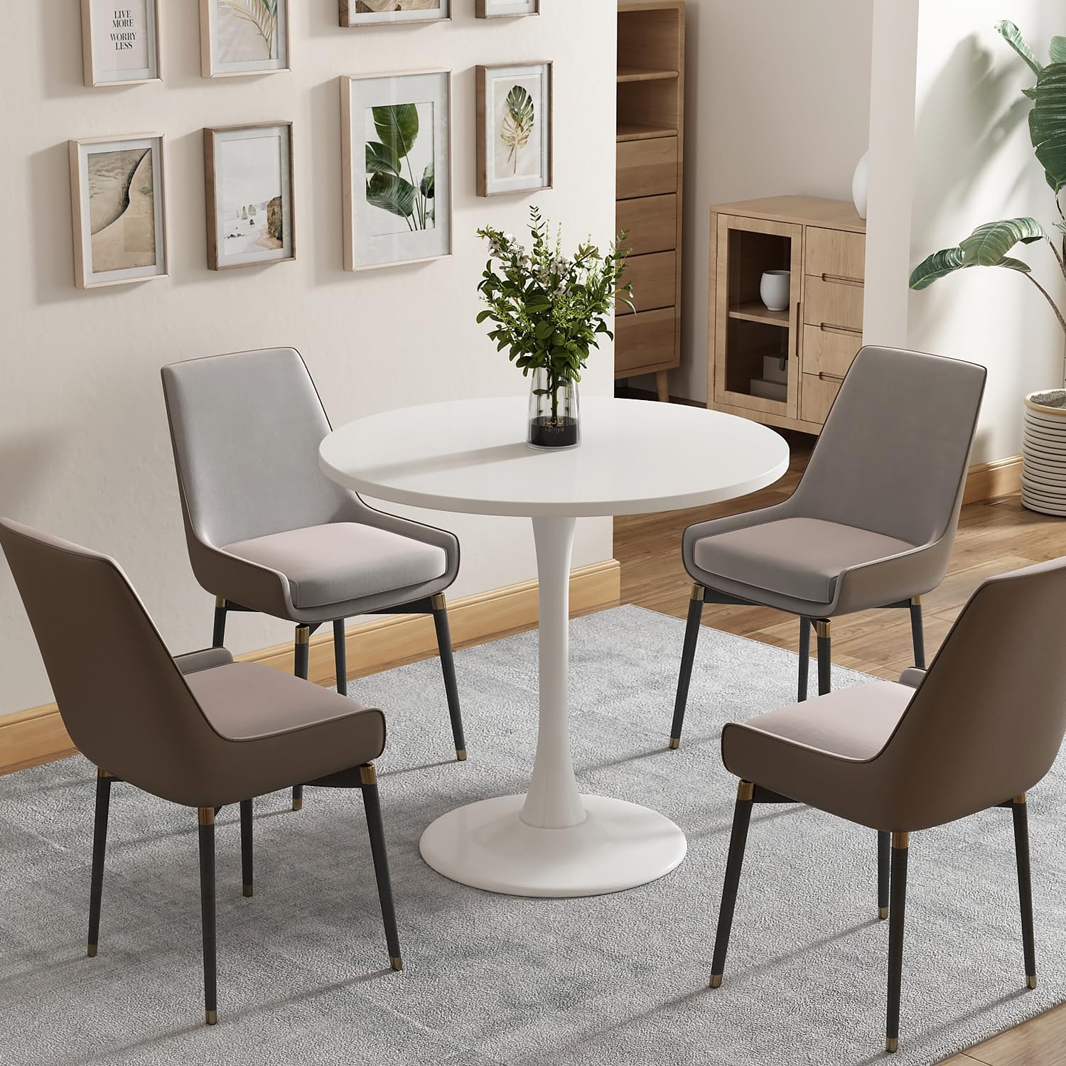 Kasinali Round Dining Table 24" Circle Tulip Table with Wood Thickened Tabletop & Sturdy Metal Pedestal Mid Century Modern Leisure Bistro Kitchen Tables 2 People Small Places Living Room Cafe,White