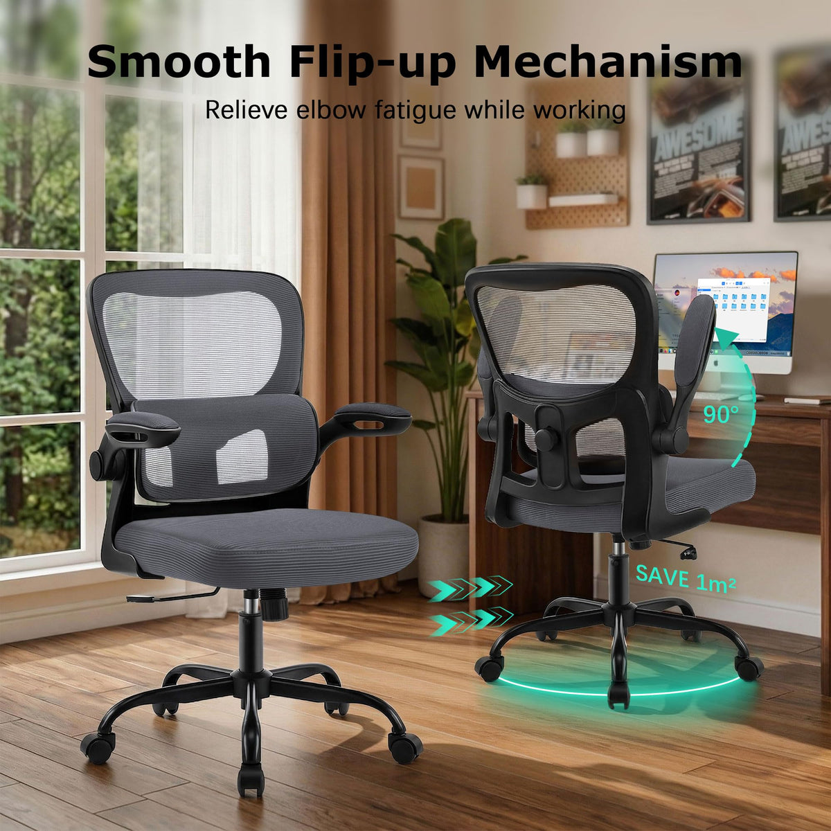 Office Chair Ergonomic Desk Chairs with Adjustable Lumbar Support& Headrest Hanger, High Back Breathable Mesh Chair with Wheels, Rolling Swivel Comfy Task Computer Chair for Home Work Gaming