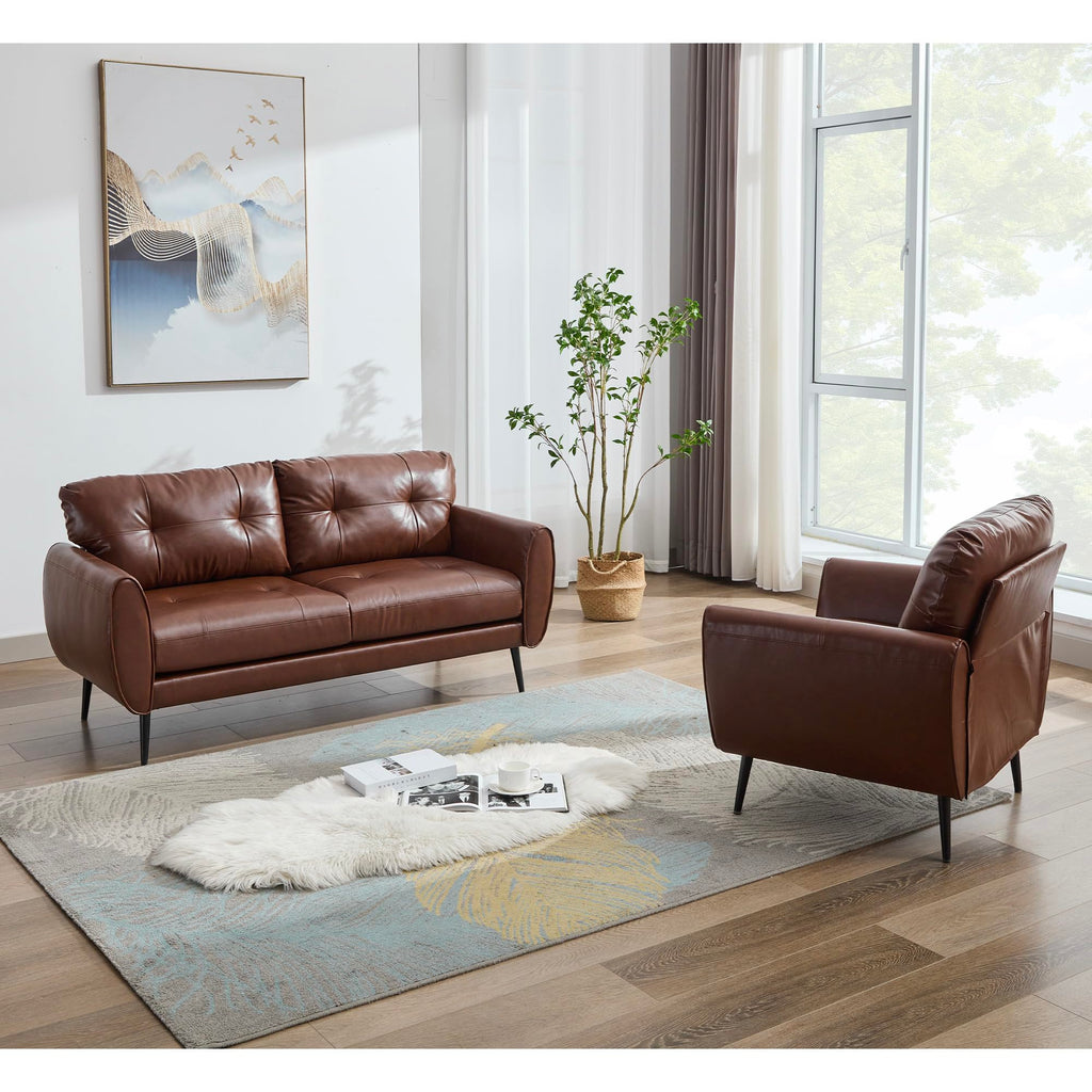 Sofa Couch 61" Small Loveseat Couches for Living Room Leather Couch Mid Century Modern Tufted Mini Sofa Comfy Office 2 Seat Settee Love Seat Bedroom (2, Brown)