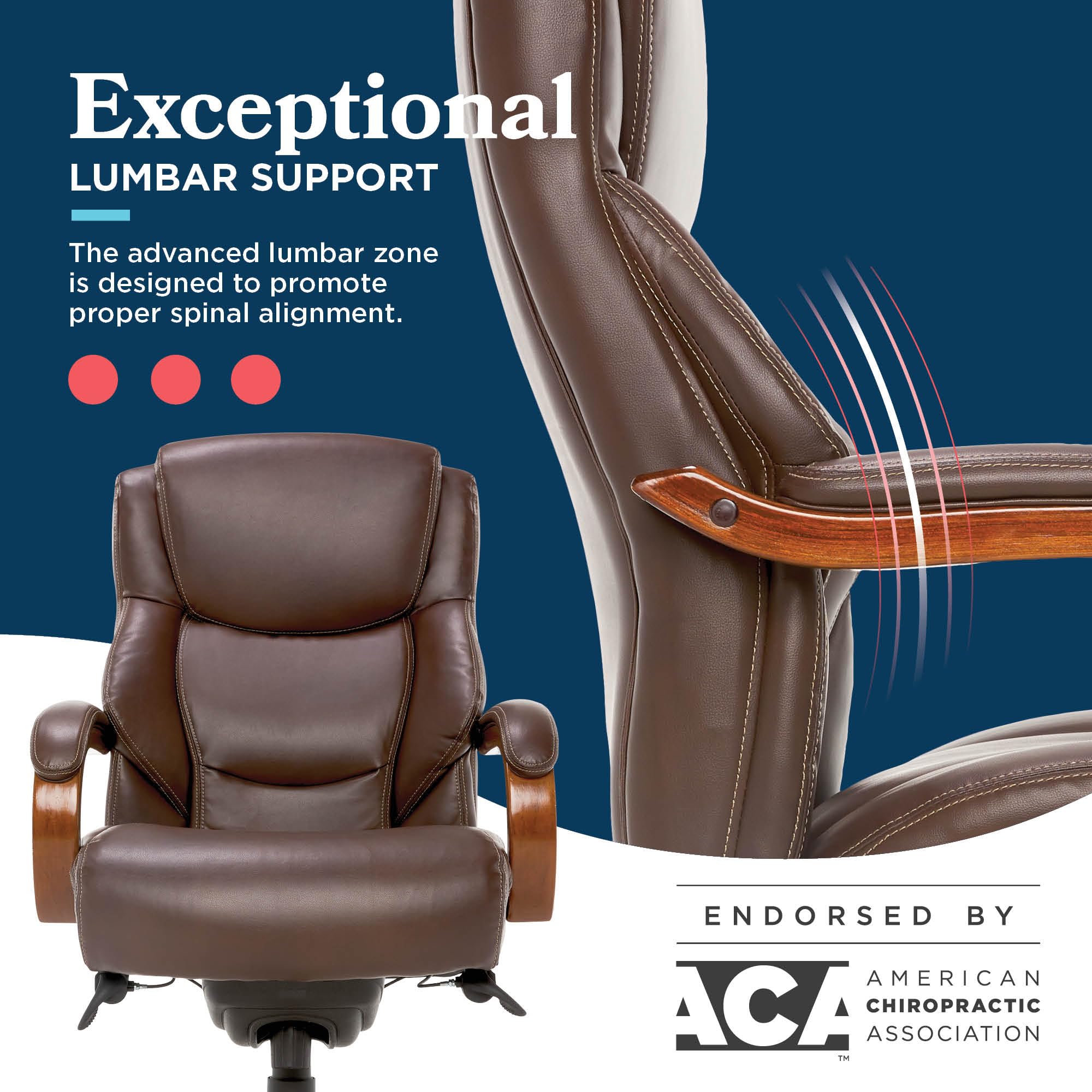 Delano Big and Tall Executive Office Chair - Ergonomic Lumbar Support Memory Foam - Bonded Leather Desk Chair for Home Office - Mahogany Wood Arms - Chestnut Brown