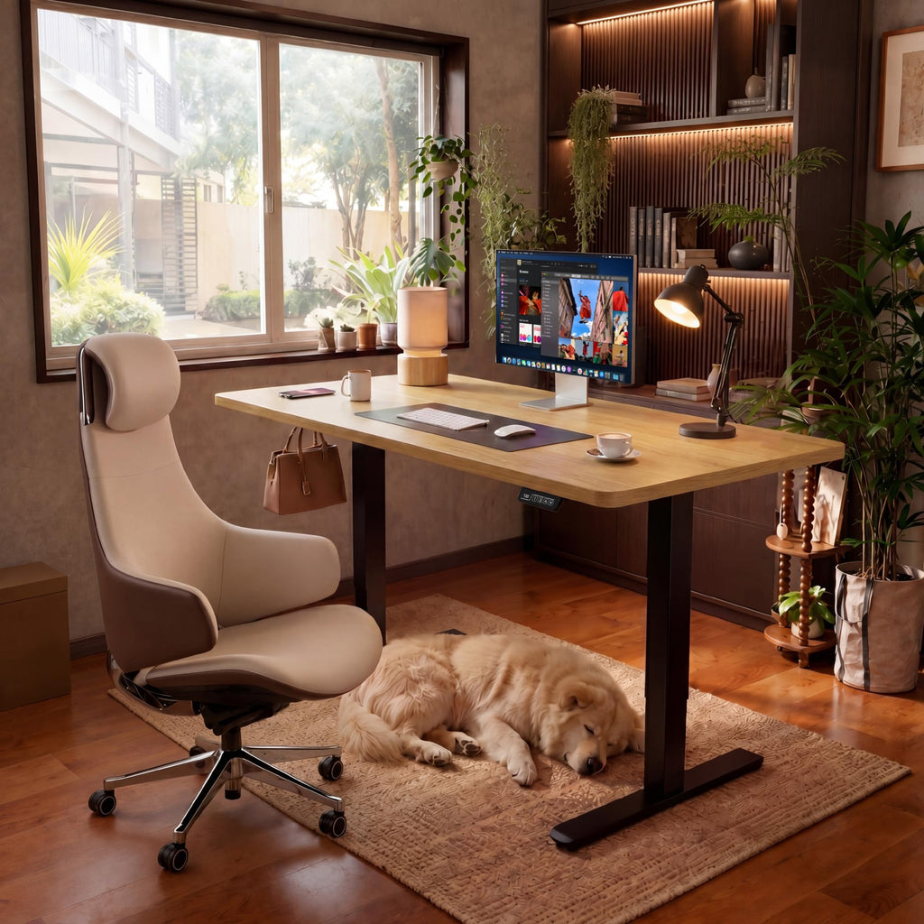 Electric Height Adjustable Standing Desk Large 55 x 24 Inches Sit Stand Up Desk Home Office Computer Desk Memory Preset with T-Shaped Metal Bracket, Maple