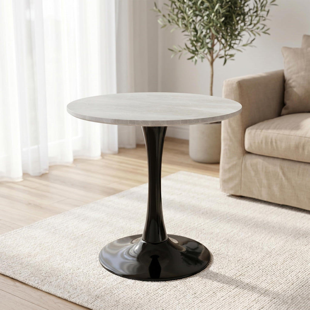Sybrioka 27.6" Marble Round Tulip Table, Mid-Century Modern Style Dining Table with Black Pedestal Base for 2-4 People, Featuring A Marble Tabletop for Kitchen, Dining Room, Cafe (Grayish White)