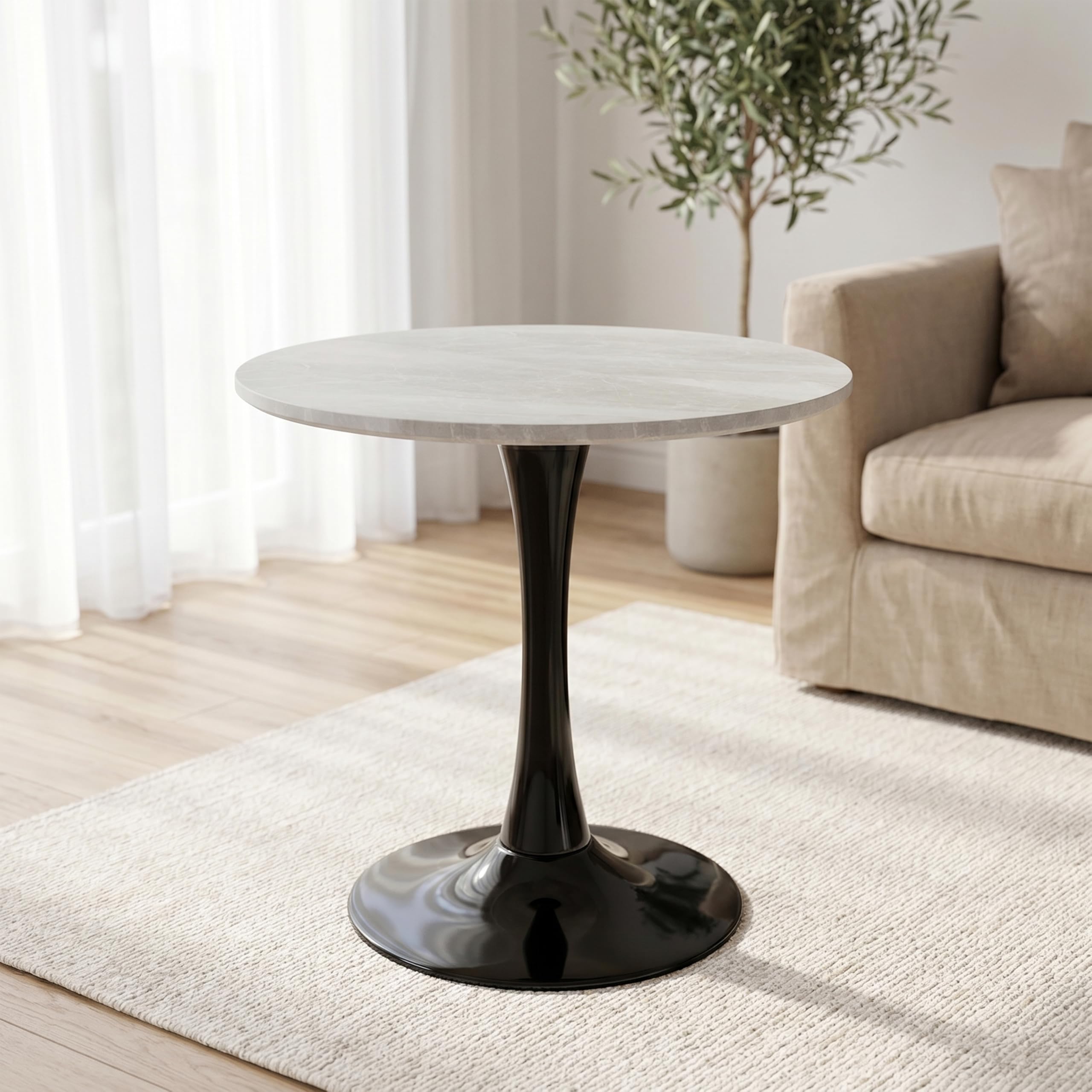 Sybrioka 27.6" Marble Round Tulip Table, Mid-Century Modern Style Dining Table with Black Pedestal Base for 2-4 People, Featuring A Marble Tabletop for Kitchen, Dining Room, Cafe (Grayish White)