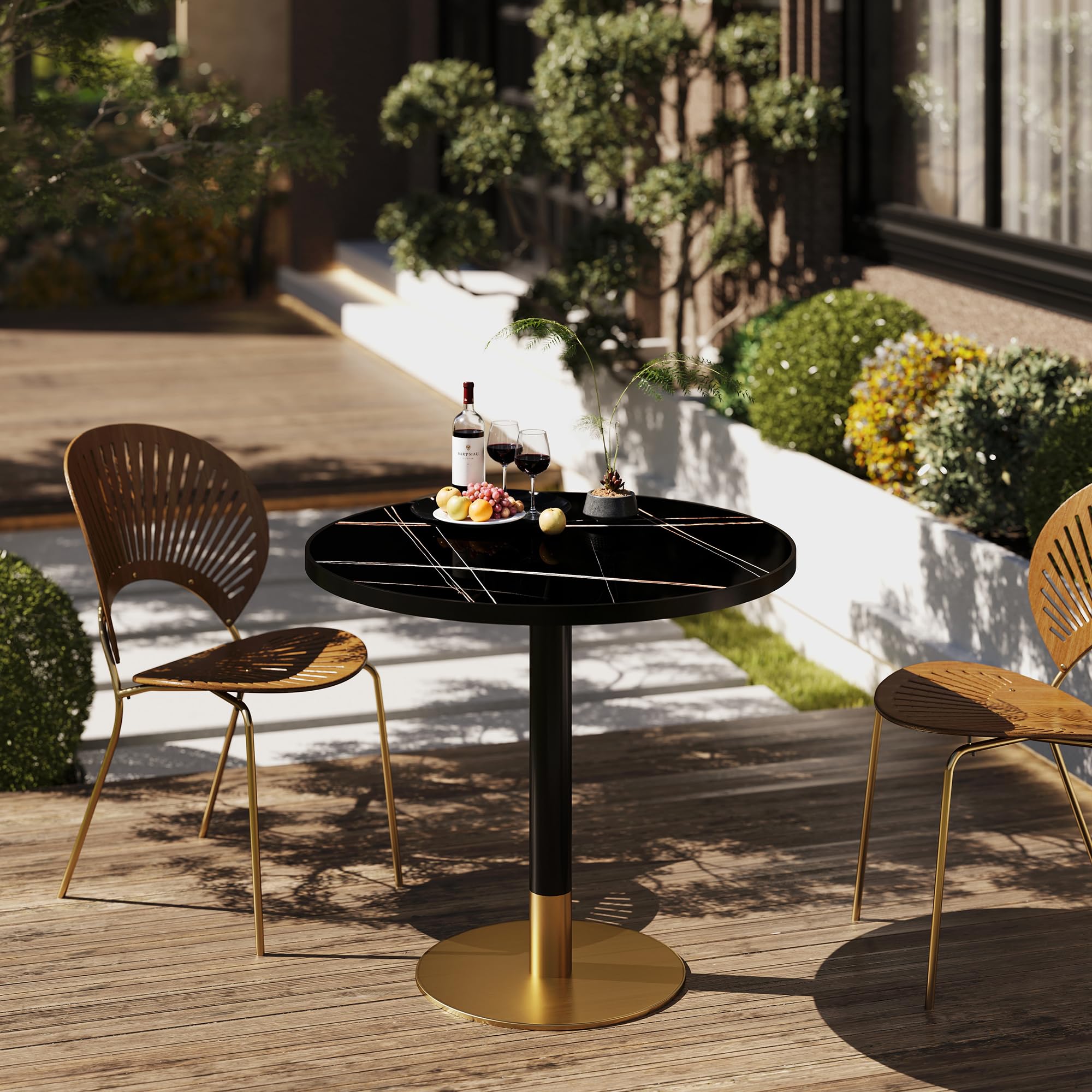 hausway 31.5" Tulip Table,Round Kitchen Dining Table for 2-4 with Thick Sintered Stone Top,Titanium Golden Pedestal Base,Heat-Resistant,Bistro Table for Dining Room,Café,Small Space（Gilded Chord）