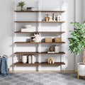 6-Shelf Tall Bookcase, Wall Mount Bookshelf with Natural Wood Finish and Industrial Metal Frame, Rustic Oak/White, Set of 2