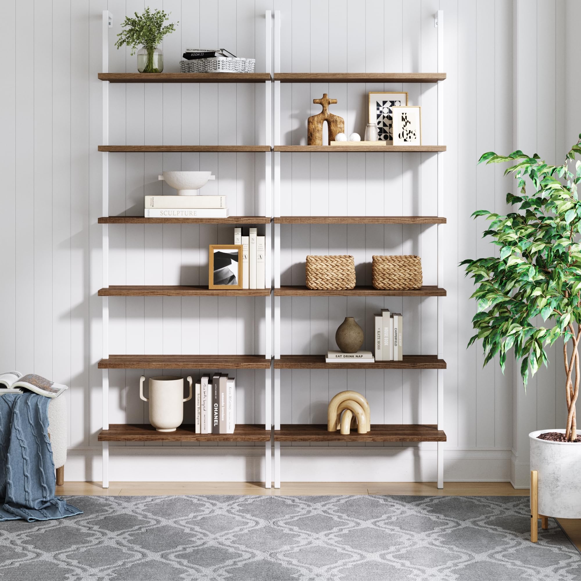 6-Shelf Tall Bookcase, Wall Mount Bookshelf with Natural Wood Finish and Industrial Metal Frame, Rustic Oak/White, Set of 2