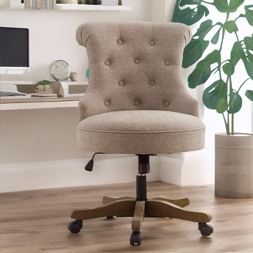 Home Office Chair Upholstered Armless Linen Fabric Desk Chair with Wheels Adjustable Height Computer Desk Chair with Wooden Legs No Arms Swivel Chairs for Farmhouse Women Study Studio (Brown)
