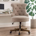 Home Office Chair Upholstered Armless Linen Fabric Desk Chair with Wheels Adjustable Height Computer Desk Chair with Wooden Legs No Arms Swivel Chairs for Farmhouse Women Study Studio (Brown)