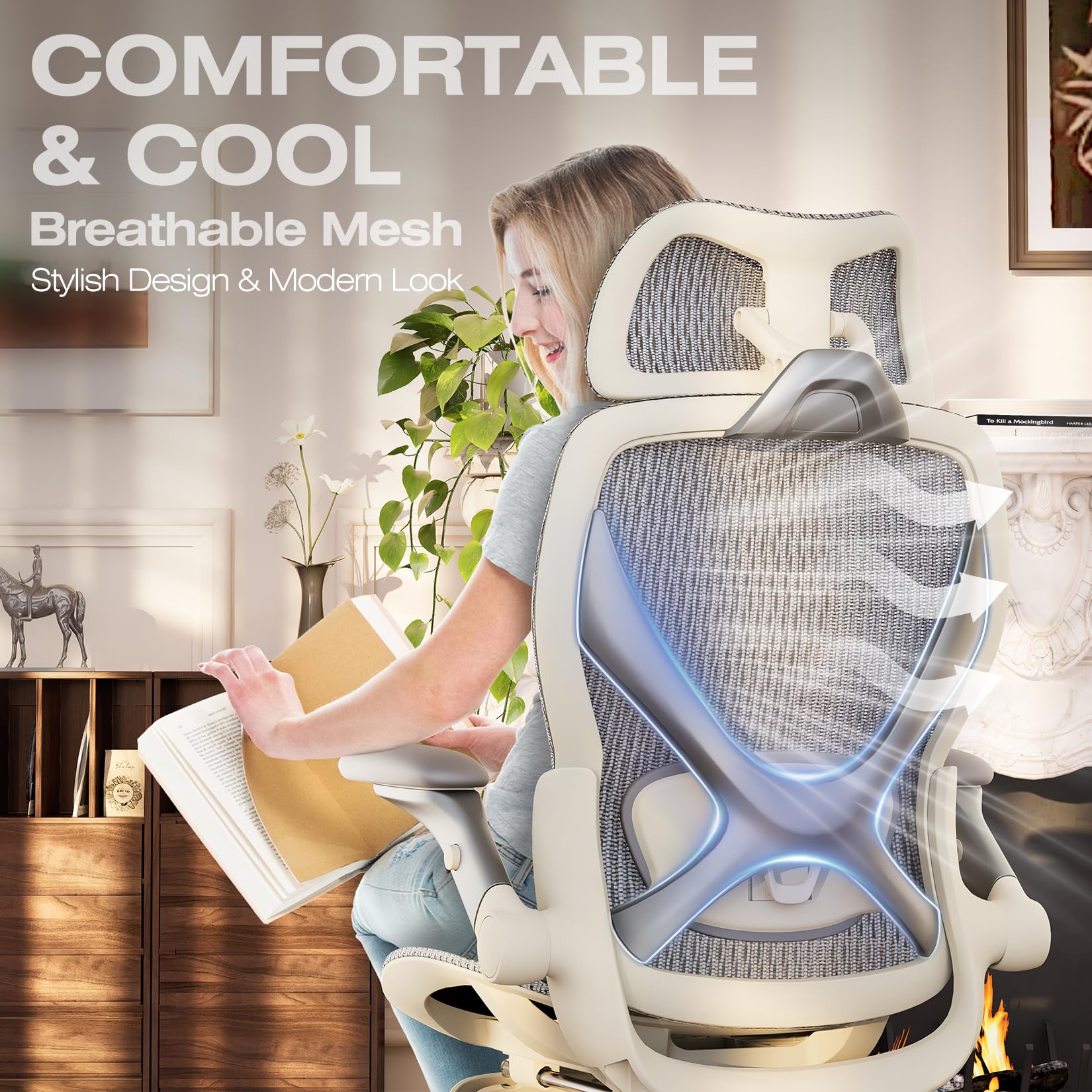 X100 Ergonomic Mesh Office Chair with Footrest, Big and Tall Home Desk Chair with 5D Flip-Up Arms, Adjustable 3D Lumbar Support, Gaming & Executive Computer Chair, First Light