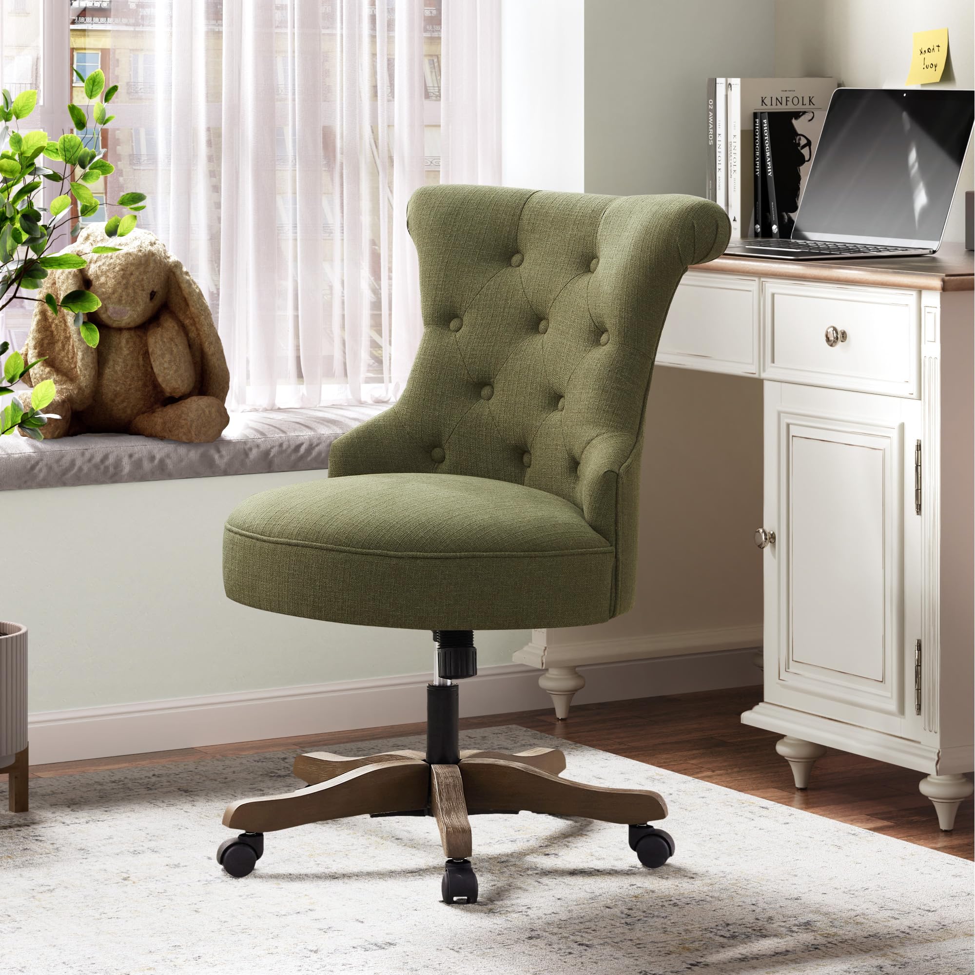 Home Office Chair Upholstered Armless Desk Chair with Wheels Adjustable Height Computer Desk Chair with Wooden Legs Comfortable Swivel Chair for Home Office Study Studio (Green)