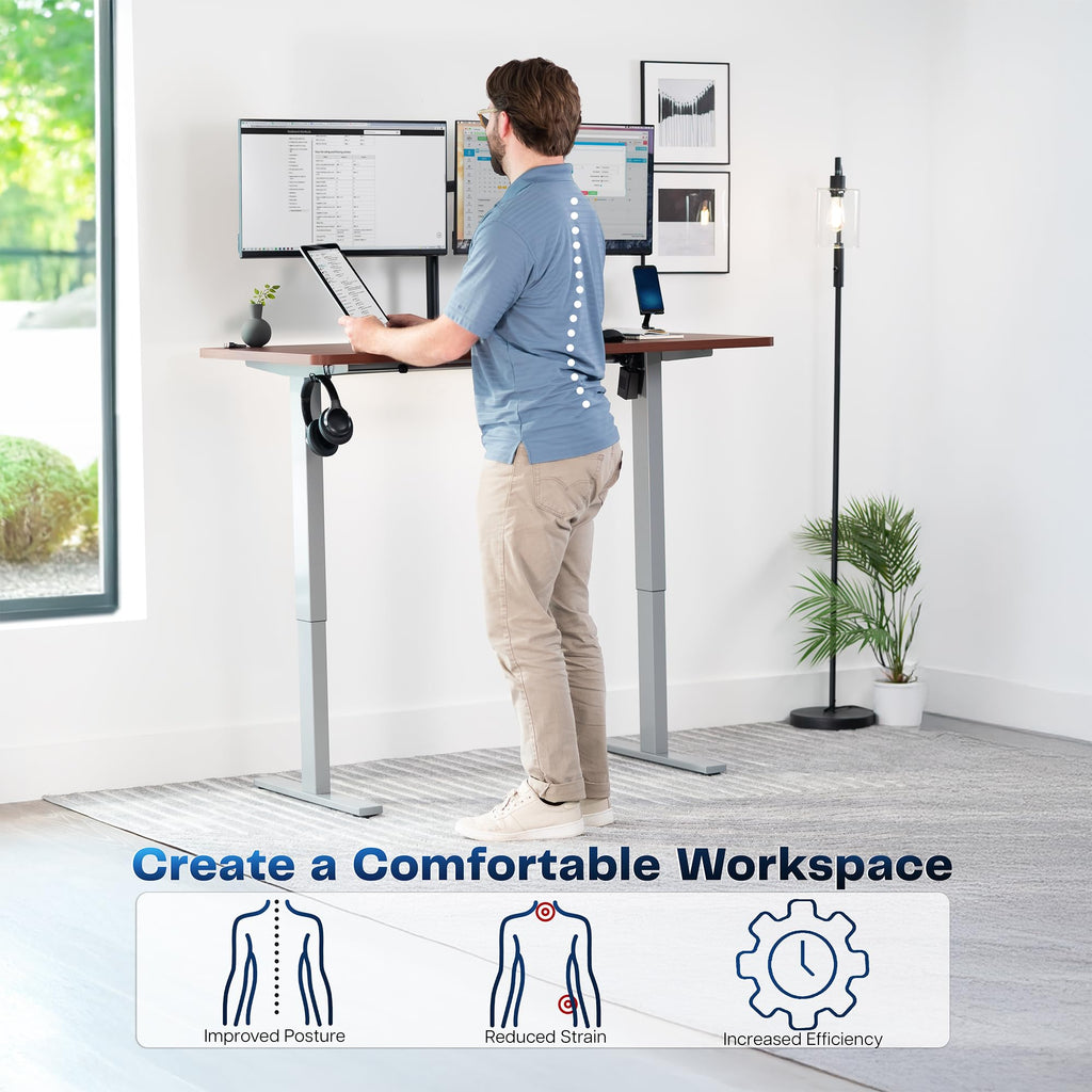 Electric 55 x 28 in Standing Desk, Memory Height Adjustment, 1B Series, Holds 220 lbs, One-Piece Dark Walnut Top, Gray Frame