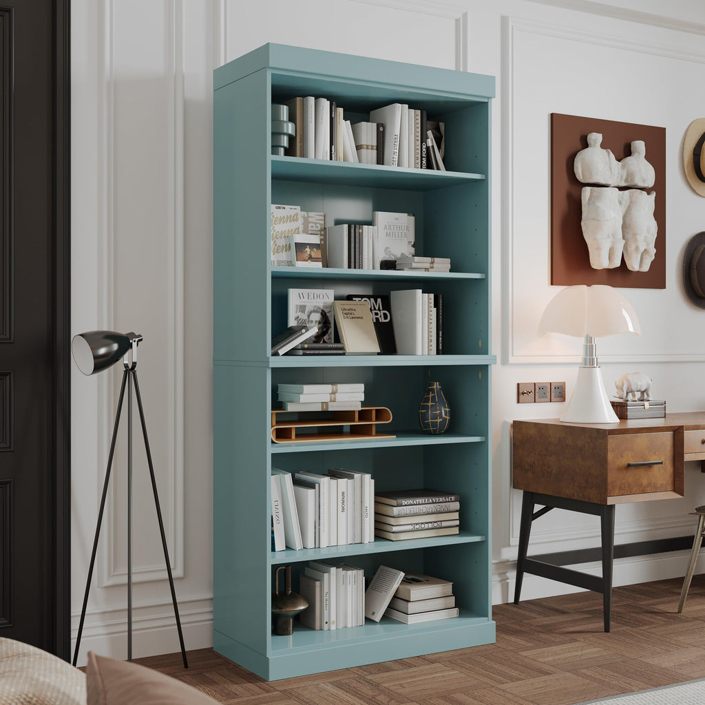 Solid Wood Bookcase - Stackable Modular 6-Tier Bookshelf - 71.5" Tall x 32" Wide - Aqua, Open Display Shelf for Living Room, Office, Renewable 100% Eco-Friendly Wood, Made in Brazil
