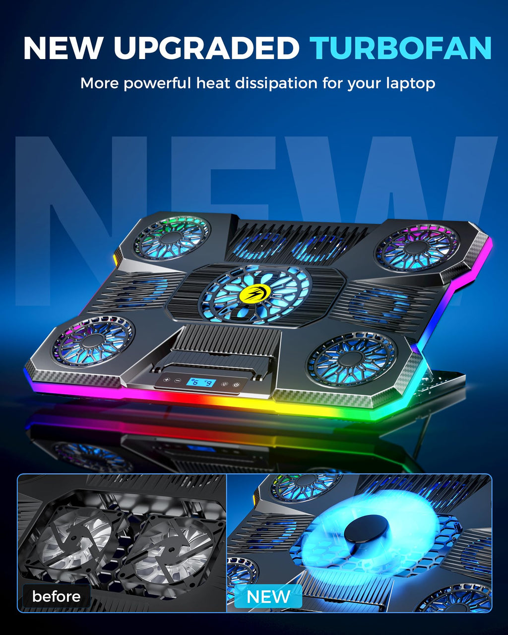 Laptop Cooling Pad, RGB Lights Laptop Cooler 9 Fans for 15.6-19.3 Inch Laptops, Gaming Laptop Fan Cooling Pad with 8 Height Stands, 2 USB Ports - A21 Blue